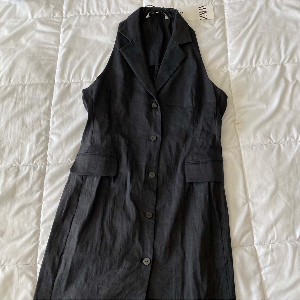 Zara Black Linen Sleeveless Vest Midi Dress - Picture 9 of 11